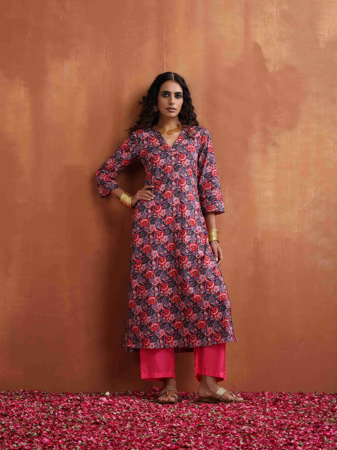 Pink Print High Slit Kurta Set | SHOBITAM