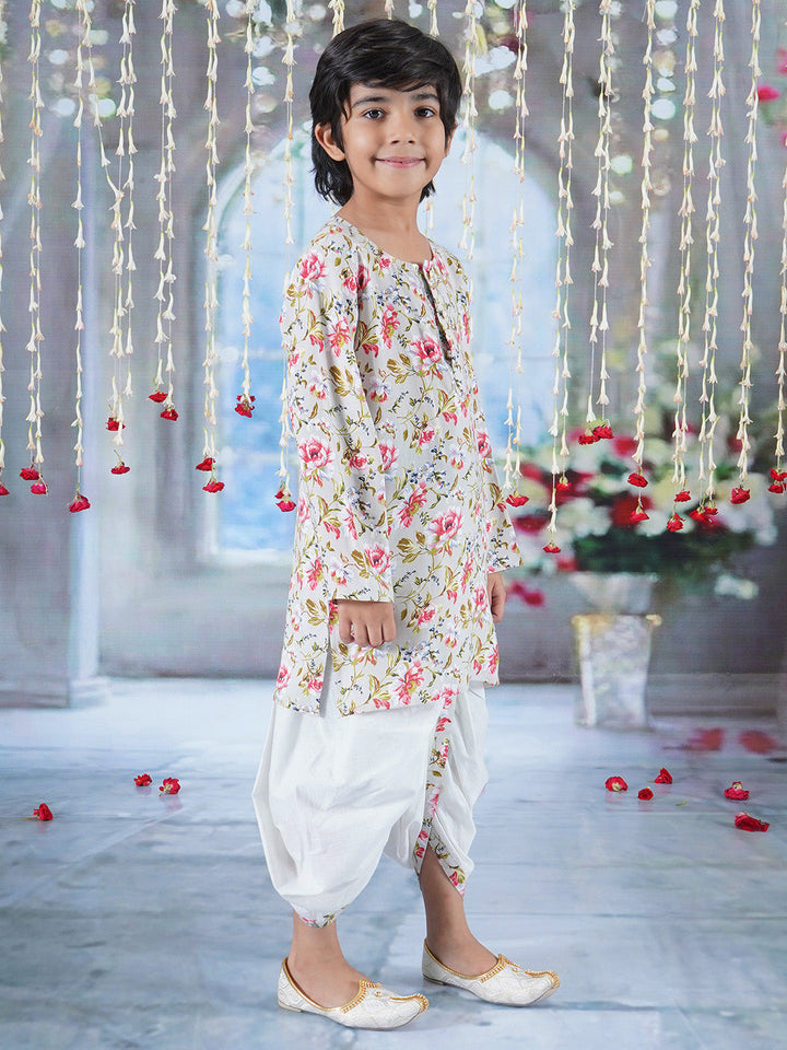 Boys Cotton Full Sleeves Kurta Dhoti with Garden Rose Print and Pearl Buttons - Antique Green  | SHOBITAM