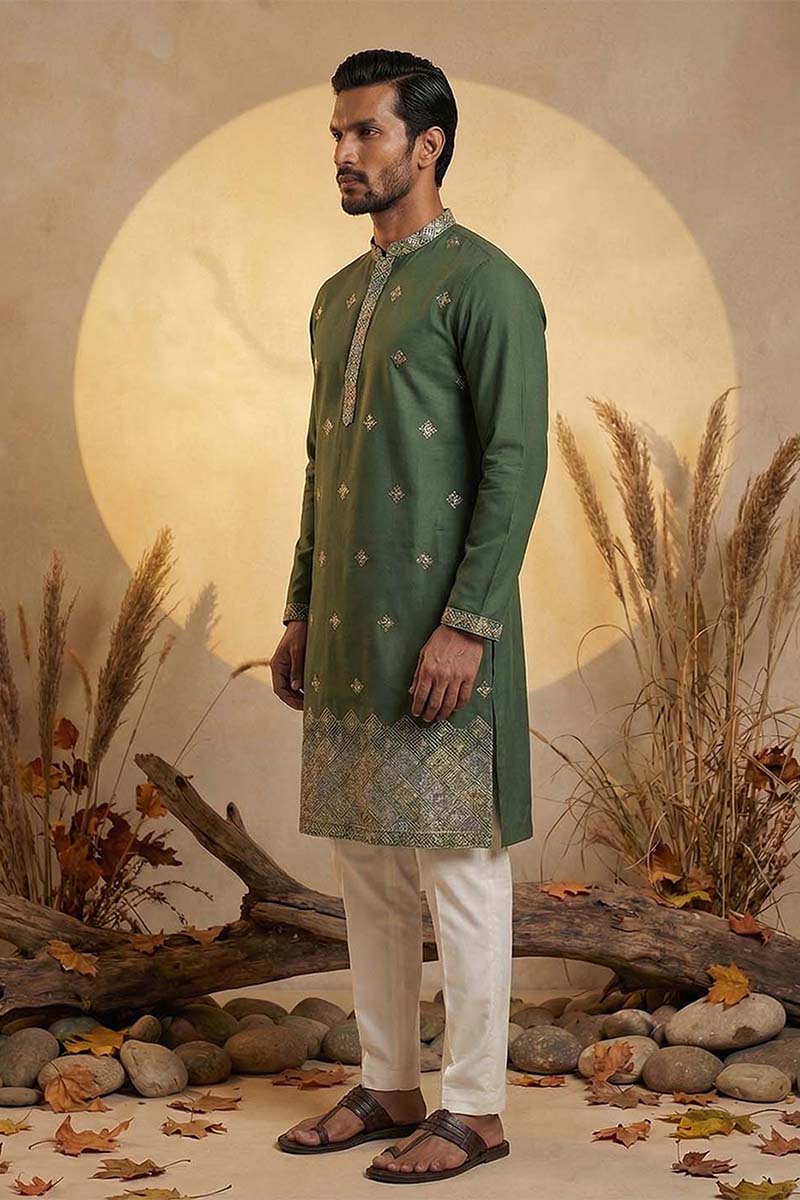 Silk Blend Green Solid Embroidered Calf Length Straight Kurta | SHOBITAM