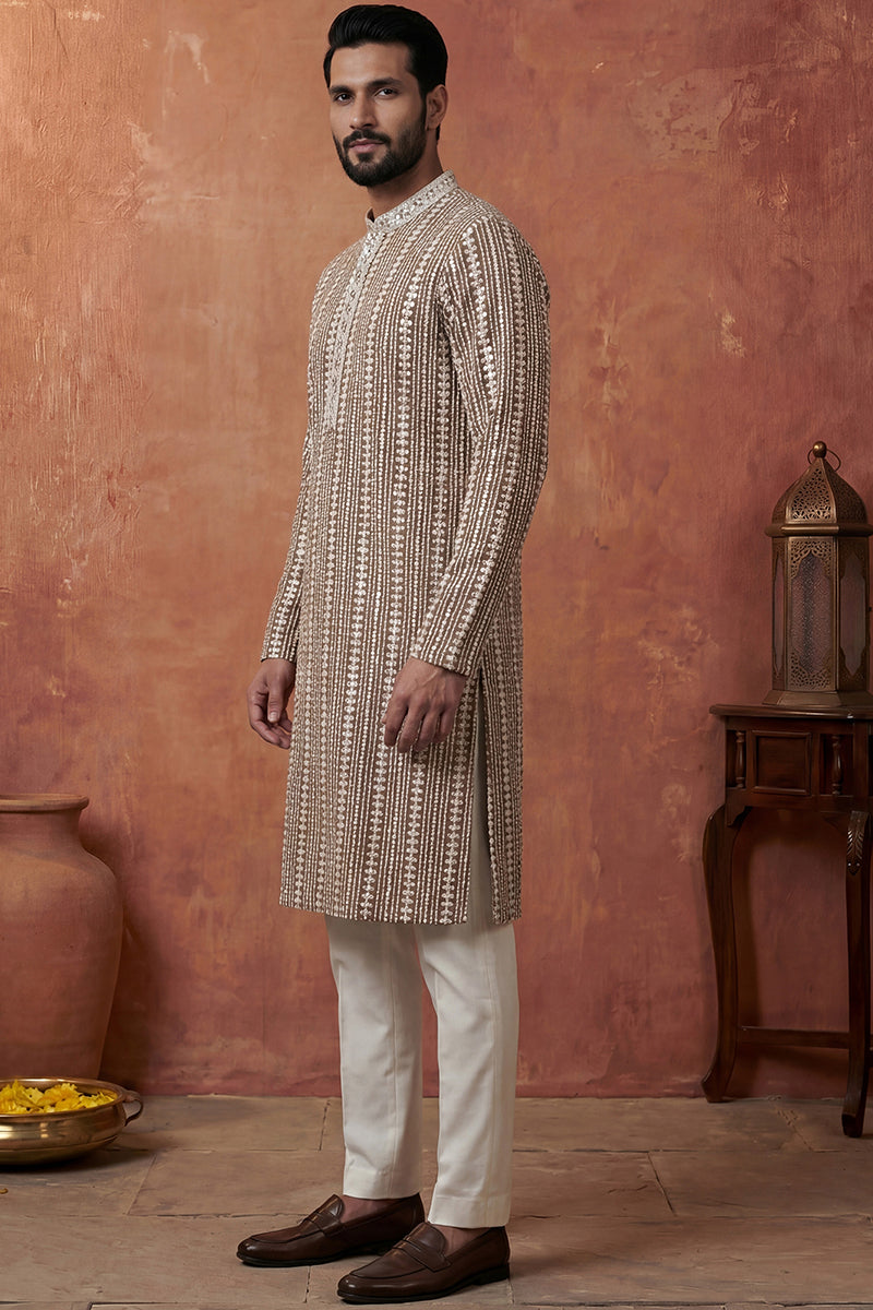 Brown Rayon Blend Embroidered Straight Kurta With Trousers | SHOBITAM