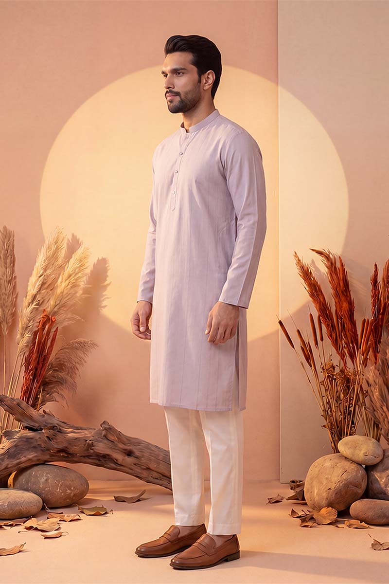 Mens Lavender Silk Blend Solid Kurta With Trousers | SHOBITAM