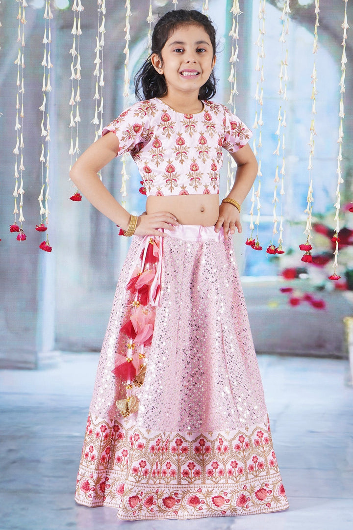 Girl Bageecha Floral Thread work Blouse with Mirror work Lehenga and Sequin moti work Dupatta, accompanied with Hand made tassel and Ghungroo work | SHOBITAM