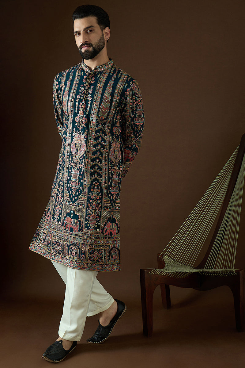 Teal Georgette Solid Embroidered Straight Kurta Sets | SHOBITAM