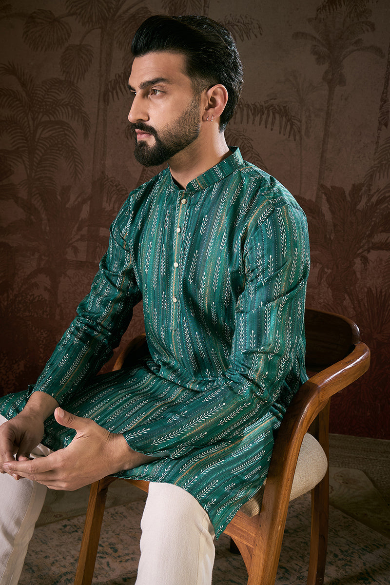Turquoise Blue Silk Blend Floral Printed Straight Kurta For Men | SHOBITAM