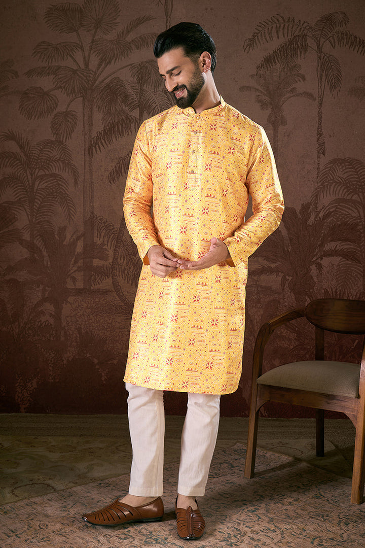 Yellow Silk Blend Ethnic Motifs Printed Straight Kurta With Trouser | SHOBITAM
