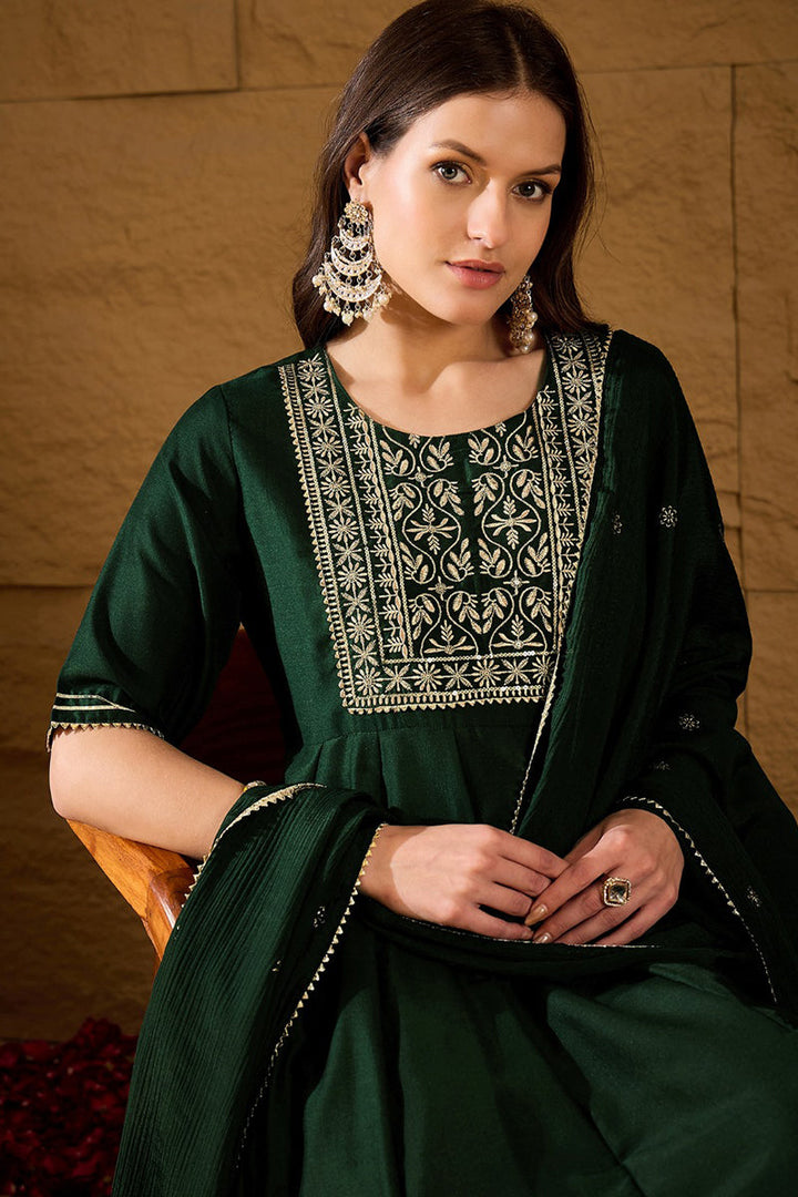 Green Silk Blend Embroidered Anarkali Suit Set   | SHOBITAM
