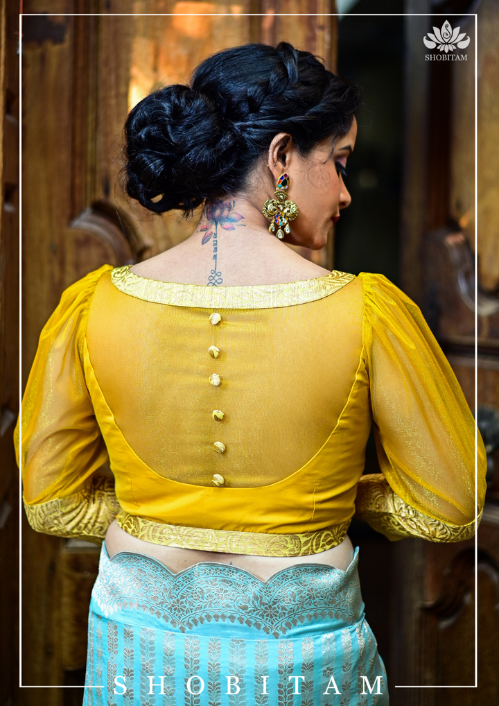 Mustard boat neck Blouse with Sheer Yoke and Puff Sleeves, Banarasi Brocade Detailing