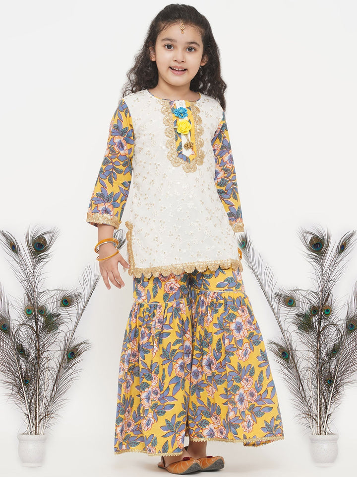 Girls Cotton Floral Embroidery Kurta with Floral Detailing and Floral Sharara | SHOBITAM