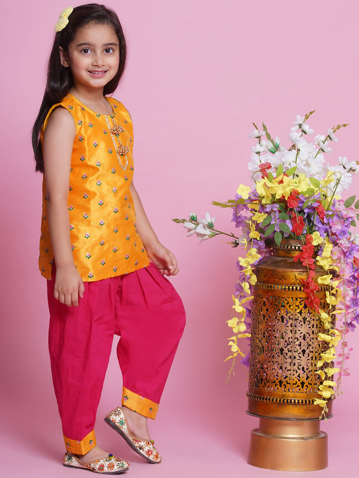 Mulberry Semi-Silk Sleeveless Floral Choti Buti Embroidery Kurta with Salwar & Dupatta - Yellow and Pink