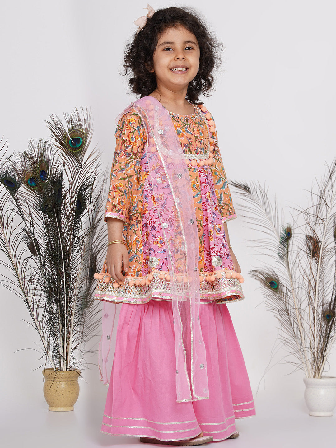 Girls Jaipuri Floral Kurta with sharara and dupatta - Orange and Pink | SHOBITAM