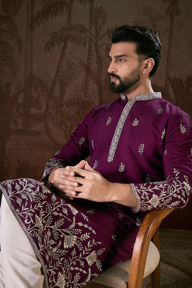 Purple Silk Blend Solid Embroidered Straight Kurta With Trouser | SHOBITAM