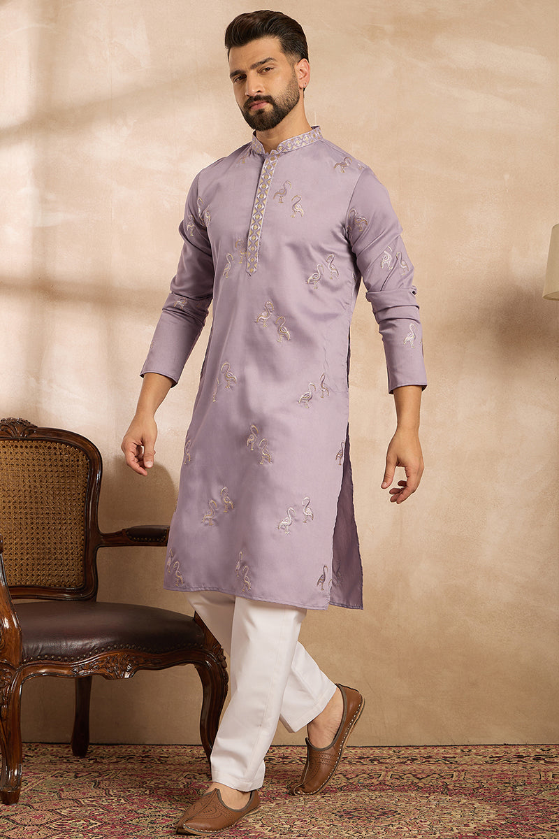 Lavender Silk Blend Solid Embroidered Straight Kurta With Trouser | SHOBITAM