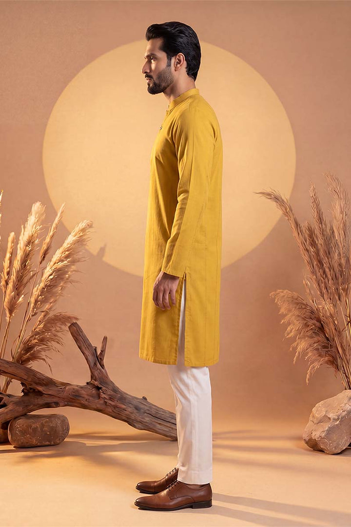 Mens Yellow Silk Blend Solid Solid Kurta With Trousers | SHOBITAM