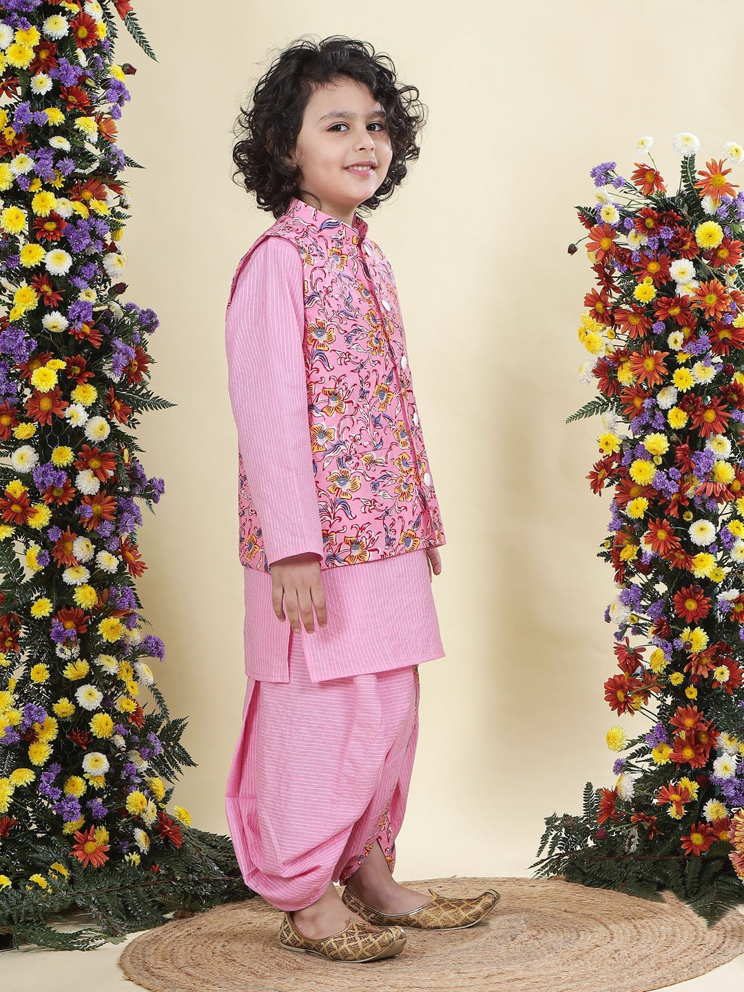 Pink Block Print Floral Nehru Jacket with Cotton Kurta Dhoti Set | SHOBITAM