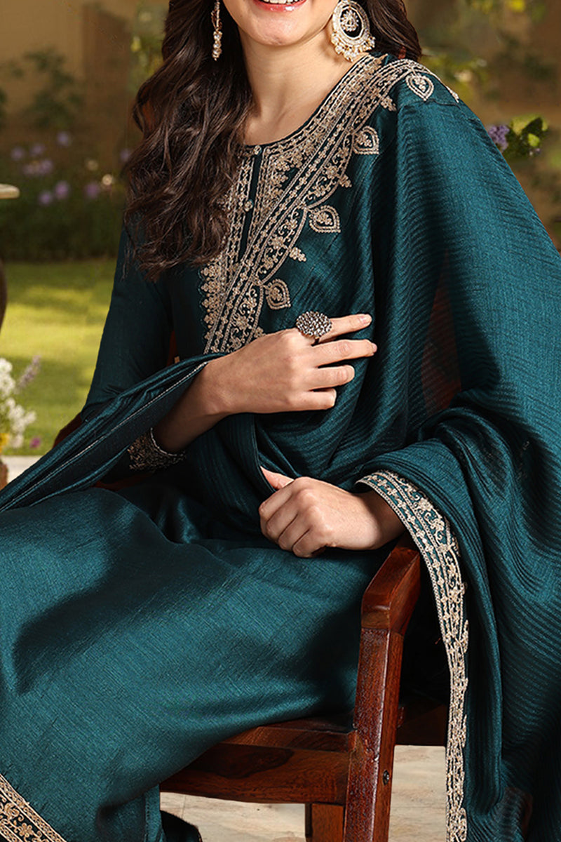 Green Silk Blend Solid Embroidered Straight Suit Set | SHOBITAM