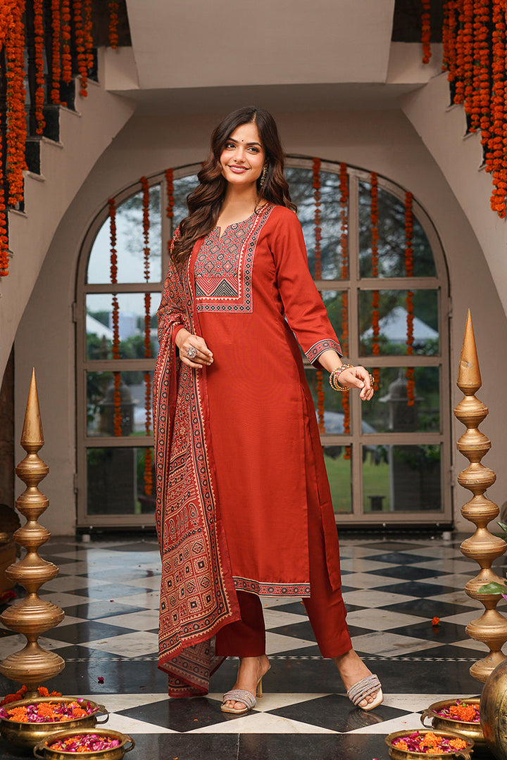 Brown Cotton Blend Ajrakh Printed Straight Kurta Trousers With Dupatta | SHOBITAM