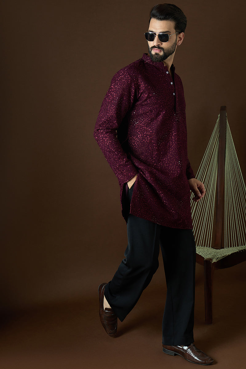 Wine Georgette Solid Embroidered Straight Kurta For Men | SHOBITAM
