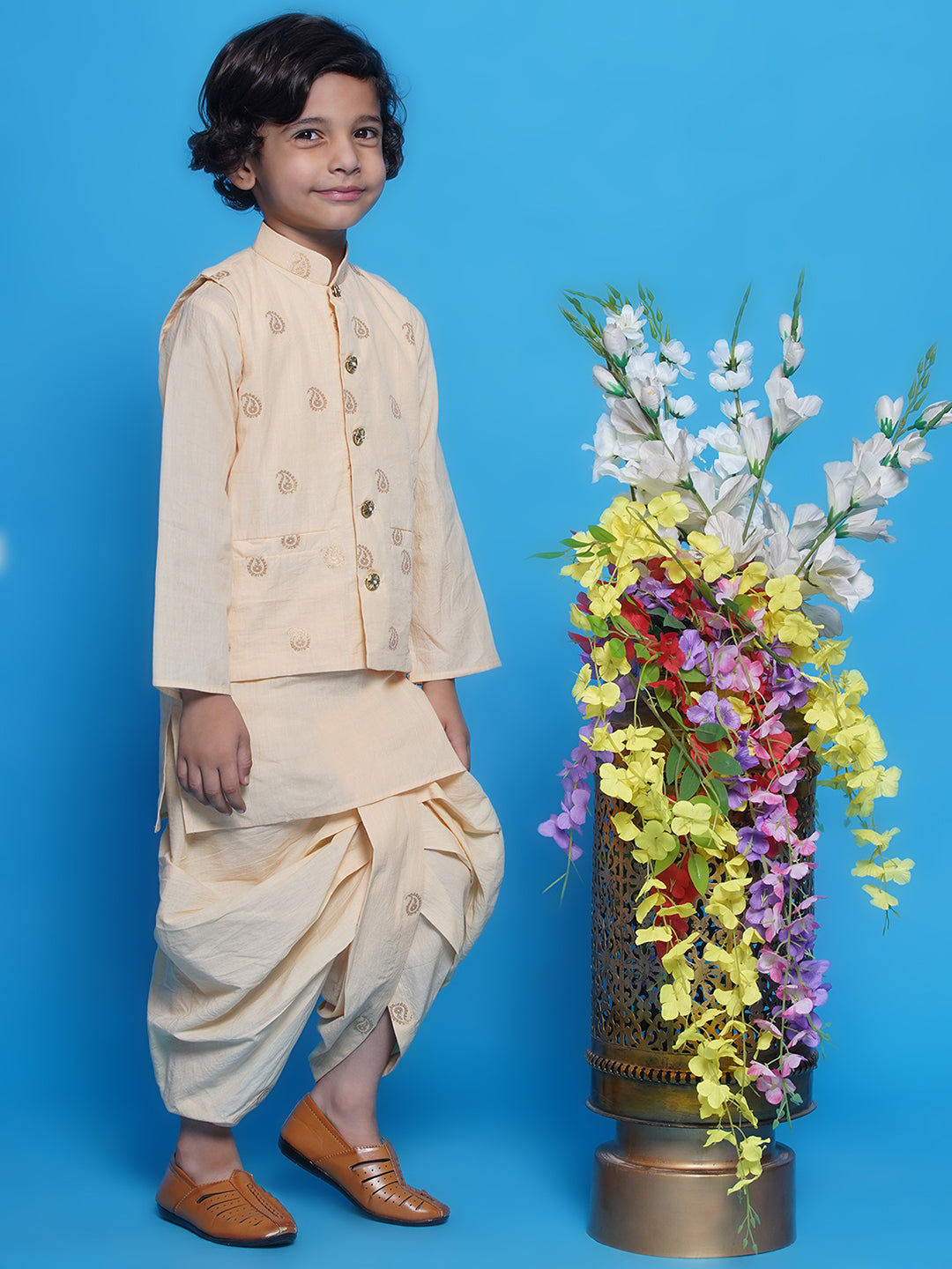 Boys Cotton Sleevelees Golden Ambi Embrodiery Nehru Jacket with Kurta and Dhoti - Seashell Cream | SHOBITAM