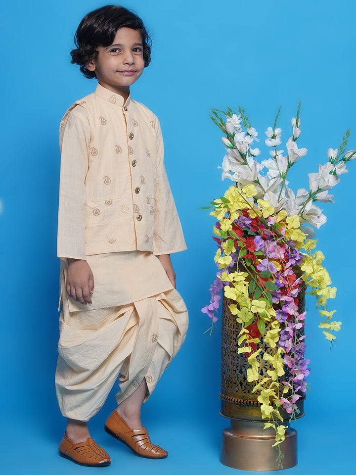Boys Cotton Sleevelees Golden Ambi Embrodiery Nehru Jacket with Kurta and Dhoti - Seashell Cream | SHOBITAM