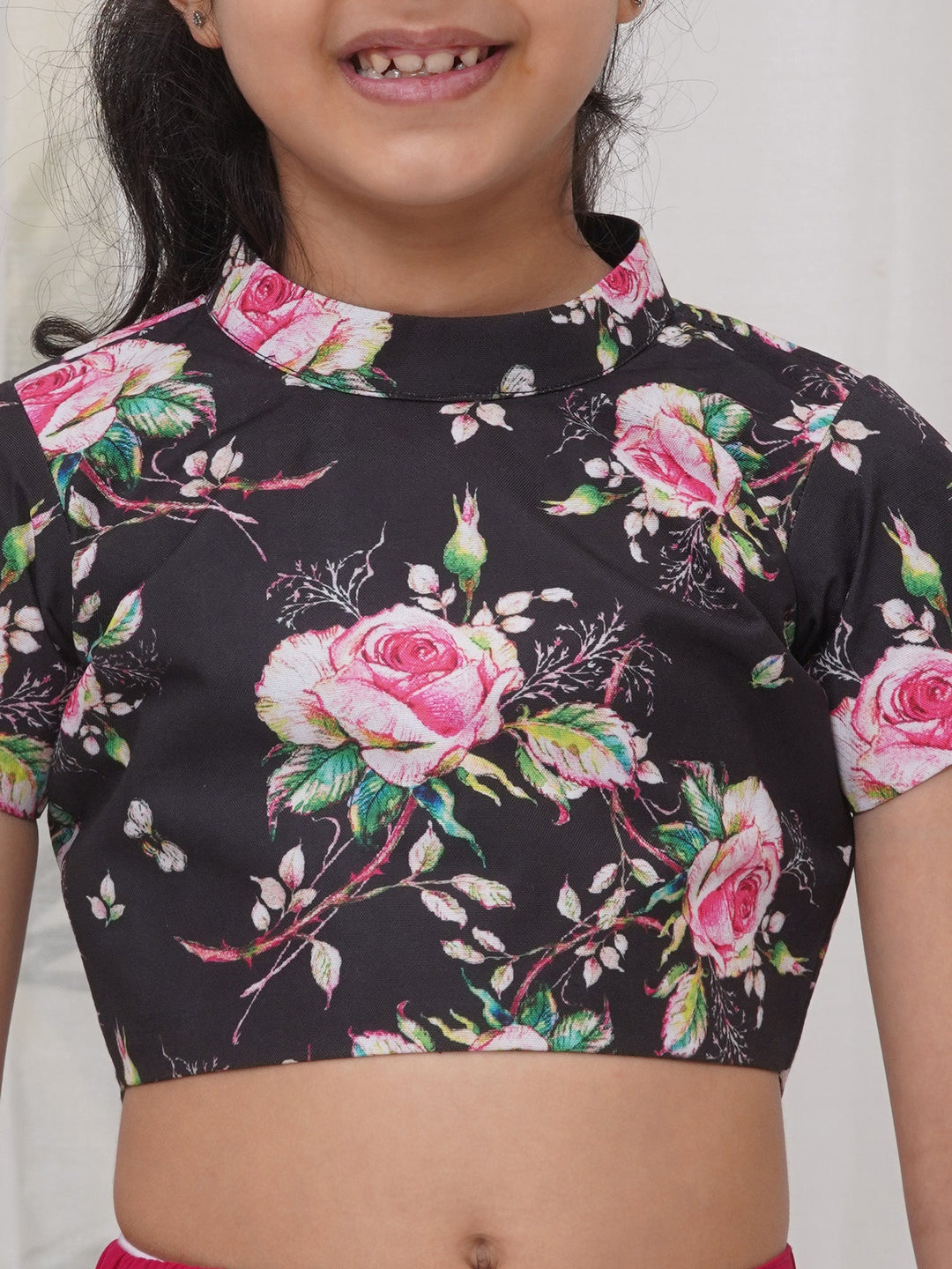 Girls Cotton Short Sleeves Floral Print Ready to wear Blouse with Ready to wear Georgette Saree -Rani | SHOBITAM