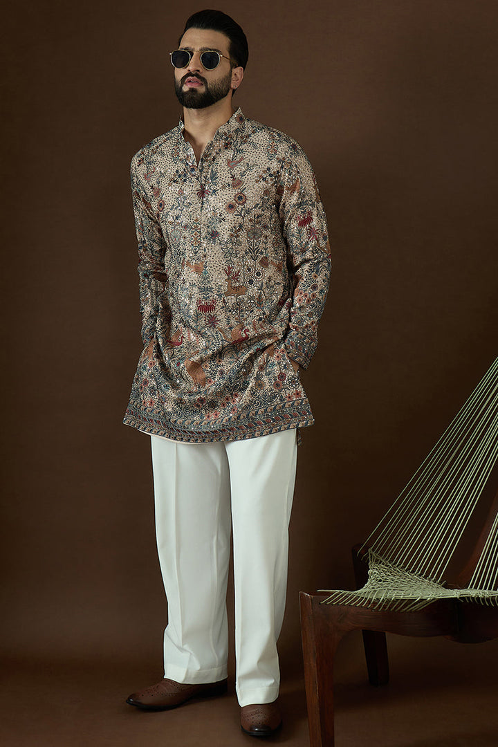 Cream Georgette Solid Embroidered Straight Kurta | SHOBITAM