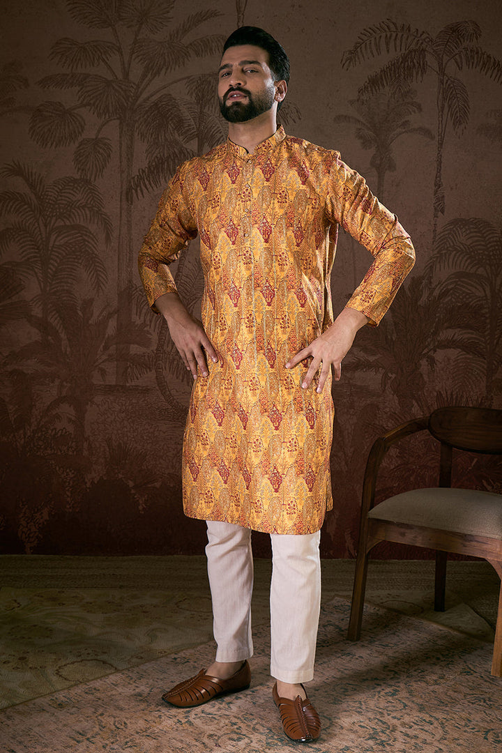 Mustard Silk Blend Ethnic Motifs Printed Straight Kurta With Trouser | SHOBITAM