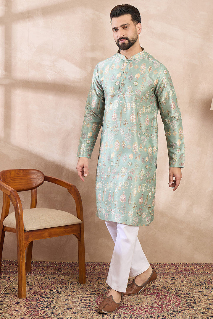 Green Silk Blend Floral Printed Straight Kurta With Trouser | SHOBITAM