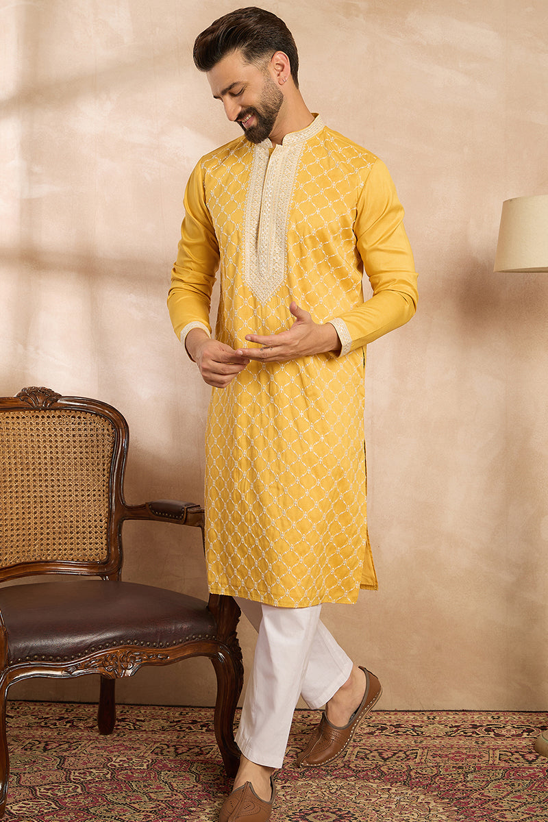 Yellow Silk Blend Solid Embroidered Straight Kurta With Trouser | SHOBITAM