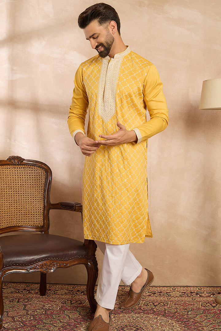 Yellow Silk Blend Solid Embroidered Straight Kurta With Trouser | SHOBITAM