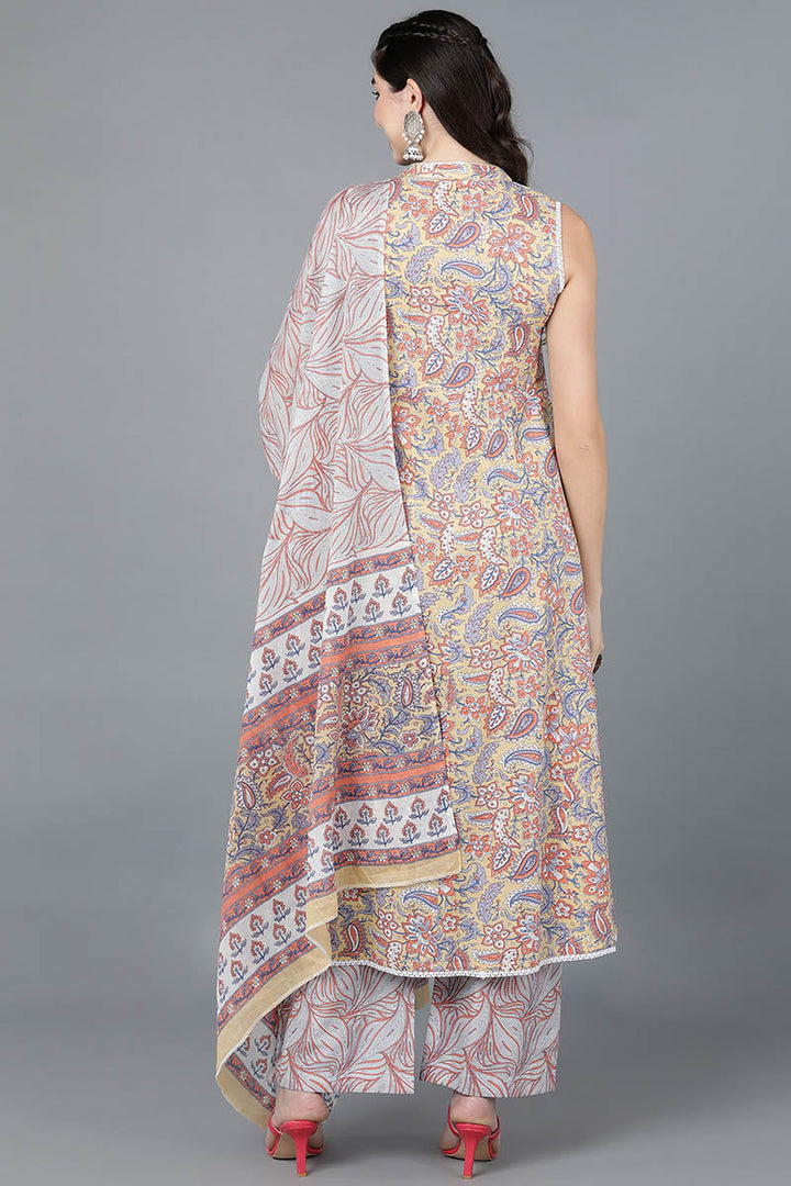 Yellow Cotton Flared Kurta Palazzo With Dupatta | SHOBITAM