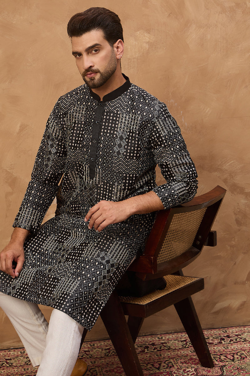 Black Silk Blend Geometric Printed Straight Kurta  | SHOBITAM