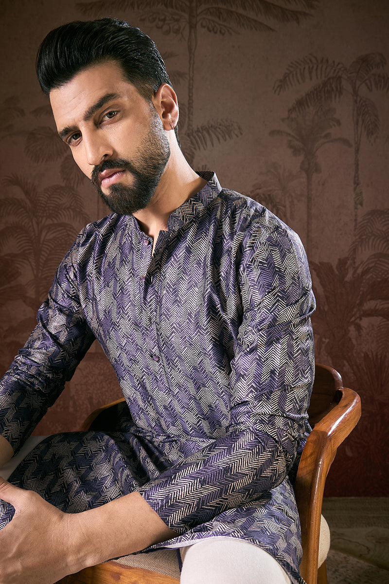 Violet Silk Blend Chevron Printed Straight Kurta For Men | SHOBITAM