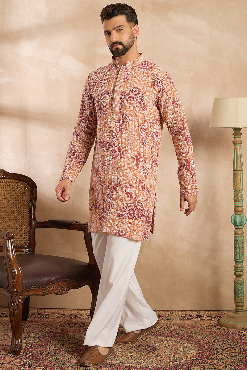 Orange Viscose Rayon Batik Embroidered Straight Kurta With Trouser | SHOBITAM