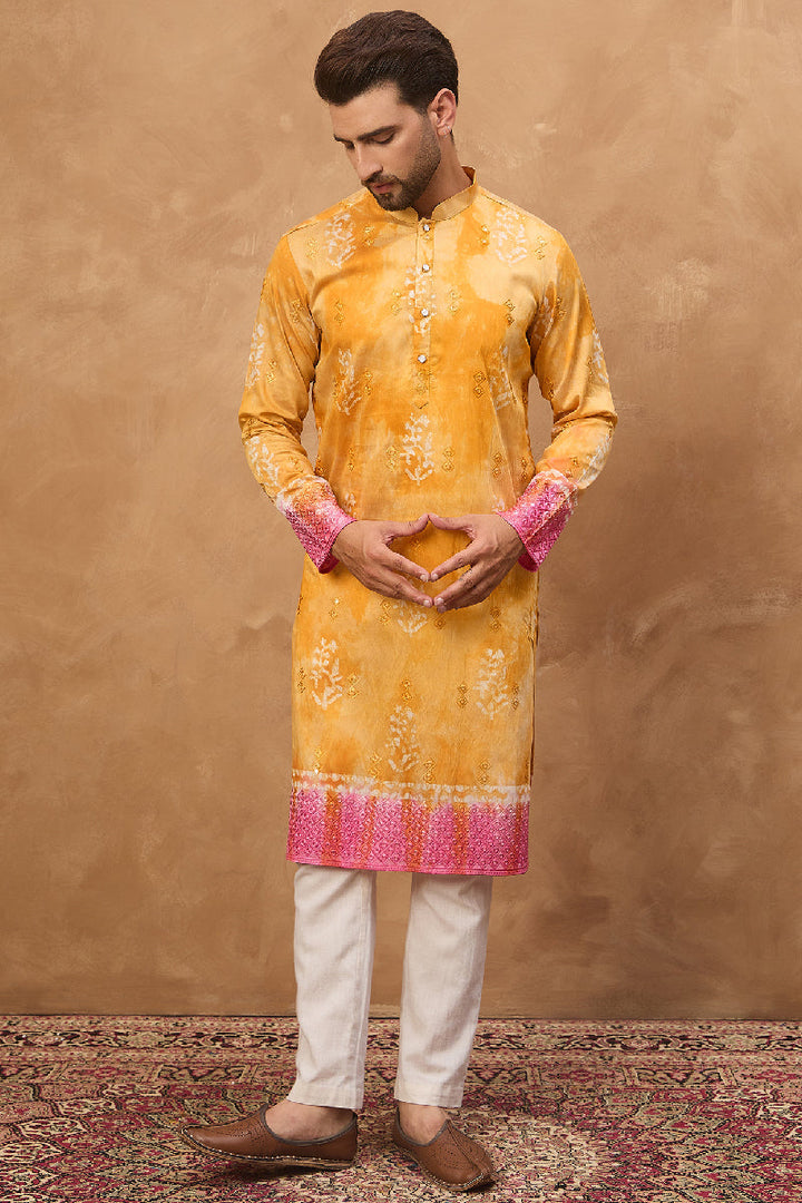 Yellow Silk Blend Batik Embroidered Straight Kurta  | SHOBITAM