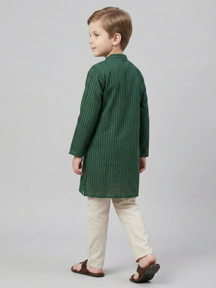 Boys Teal Green Striped Mandarin Collar Cotton Kurta Set | SHOBITAM