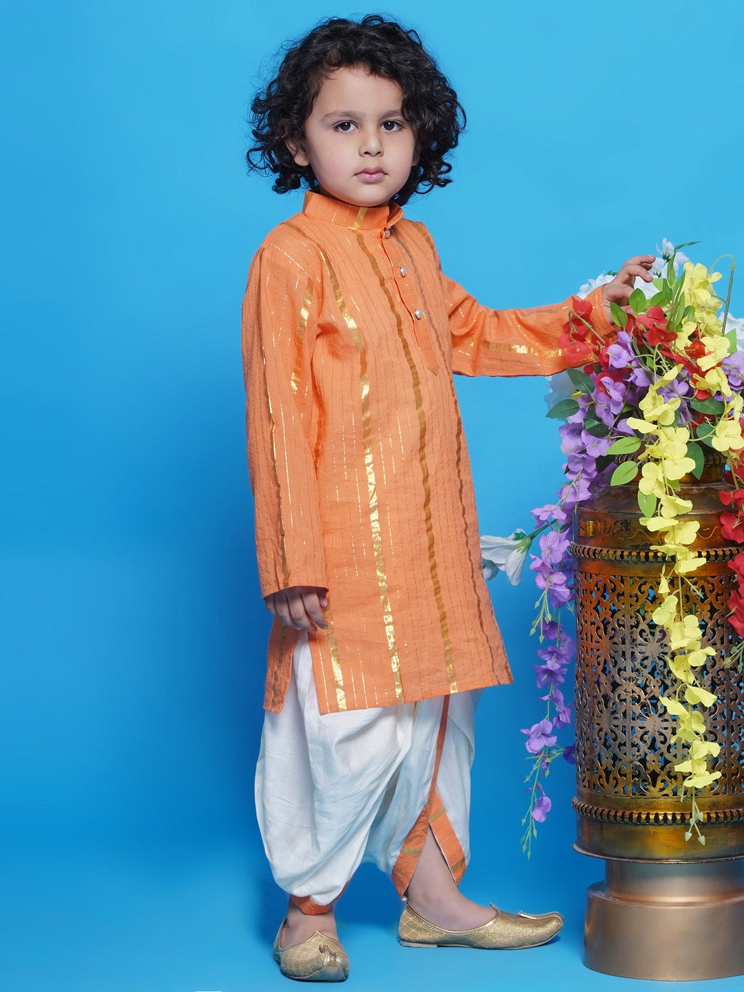Narangi Kurta Dhoti with Golden Strips - Orange | SHOBITAM