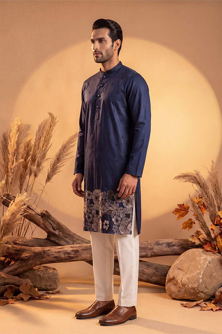 Mens Blue Silk Blend Solid Embroidered Kurta With Trousers | SHOBITAM