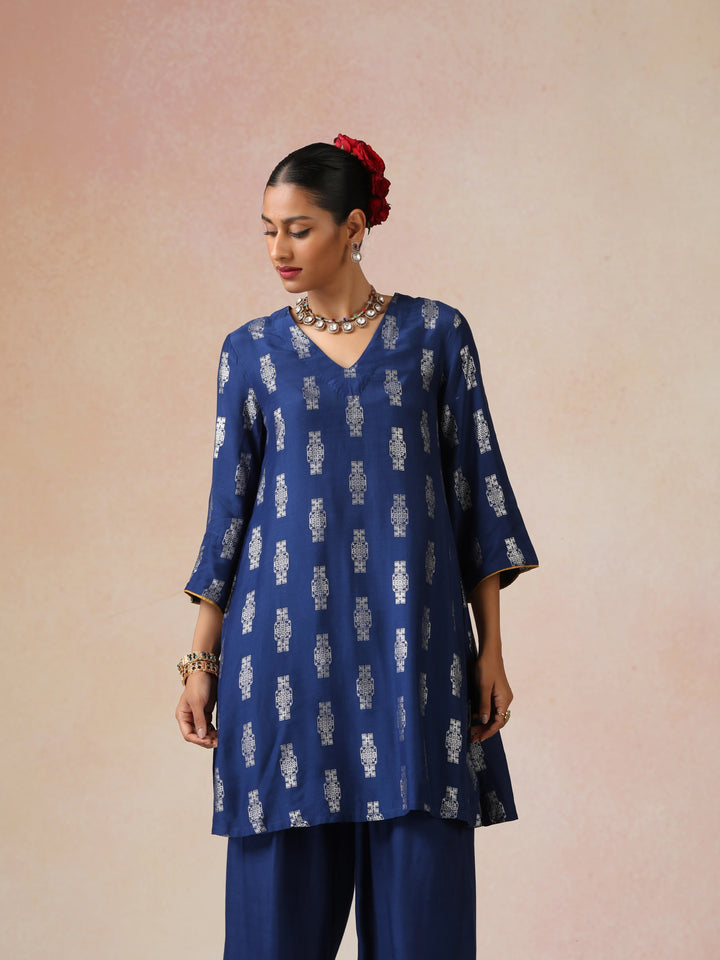 Blue Silver Foil Print Muslin Silk Kurta Farsi Pants Set| SHOBITAM