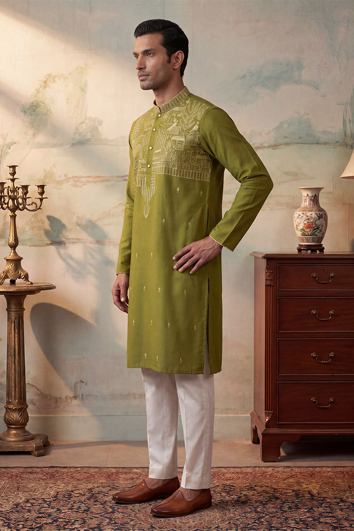 Mens Green Silk Blend Solid Emboidered Straight Kurta With Trouser | SHOBITAM