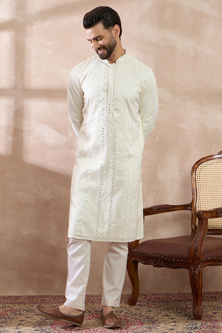 White Silk Blend Embroidered Mandarin Collar Straight Kurta With Trouser | SHOBITAM