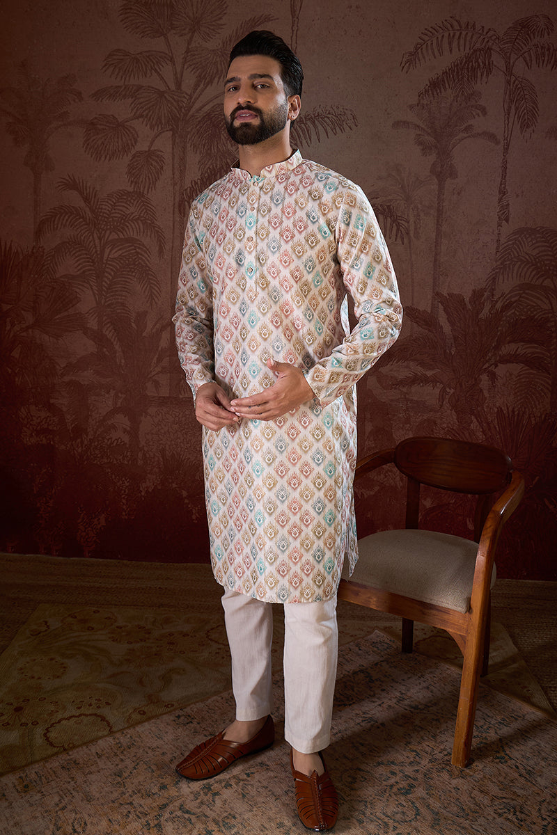 White Silk Blend Ethnic Motifs Printed Straight Kurta With Trouser | SHOBITAM