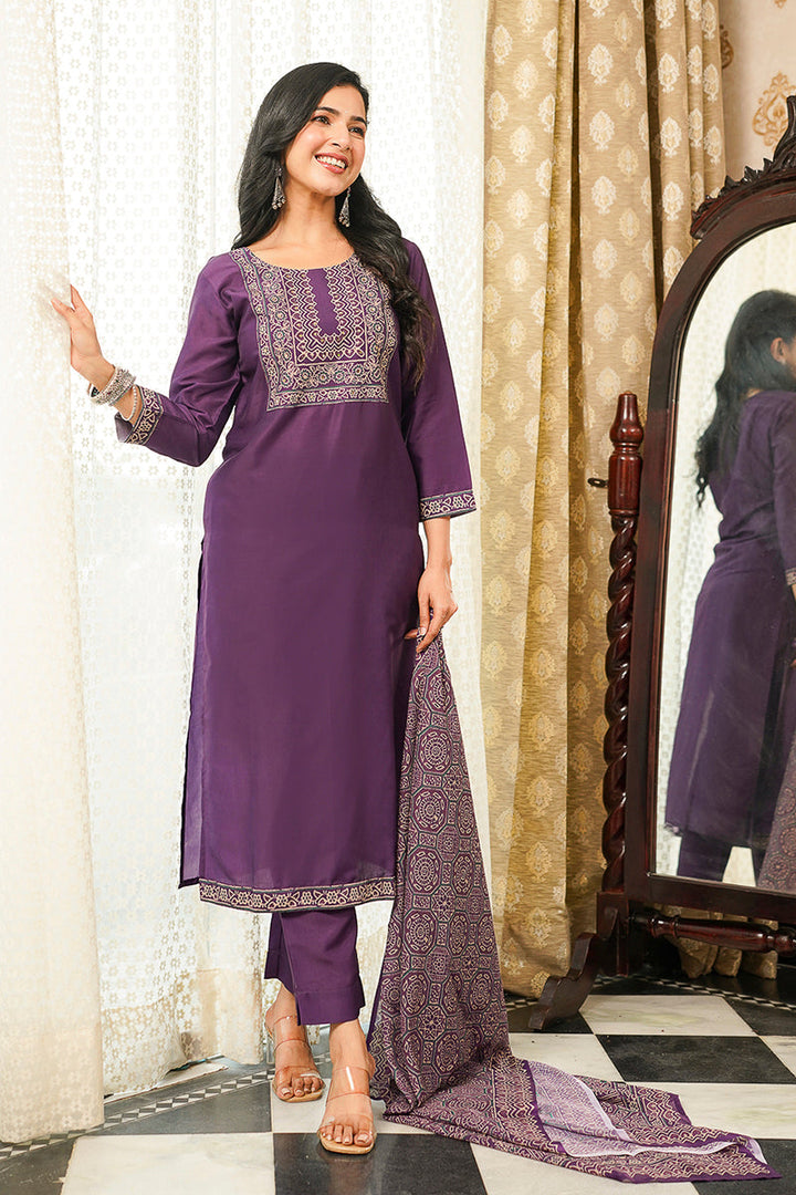 Purple Cotton Blend Ajrakh Printed Straight Kurta Trousers With Dupatta | SHOBITAM
