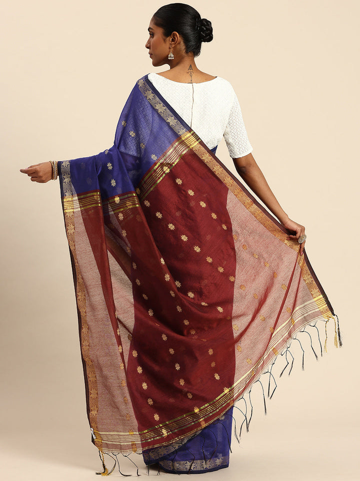 Blue & Red Zari Buti Silk Cotton Saree with blouse piece | SHOBITAM