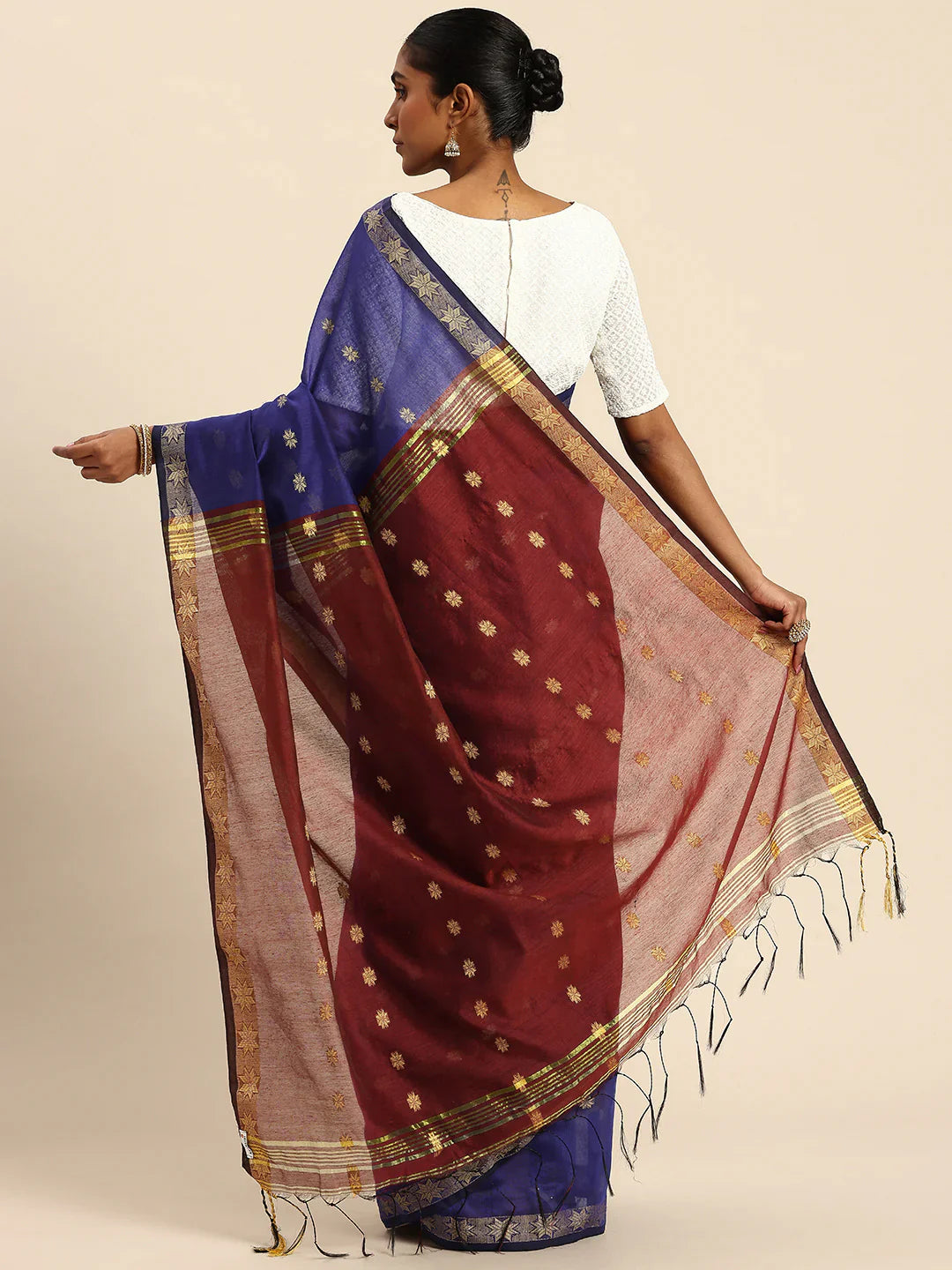 Blue and Red Zari Buti Silk Cotton Saree with Contrast Pallu and Blouse Piece