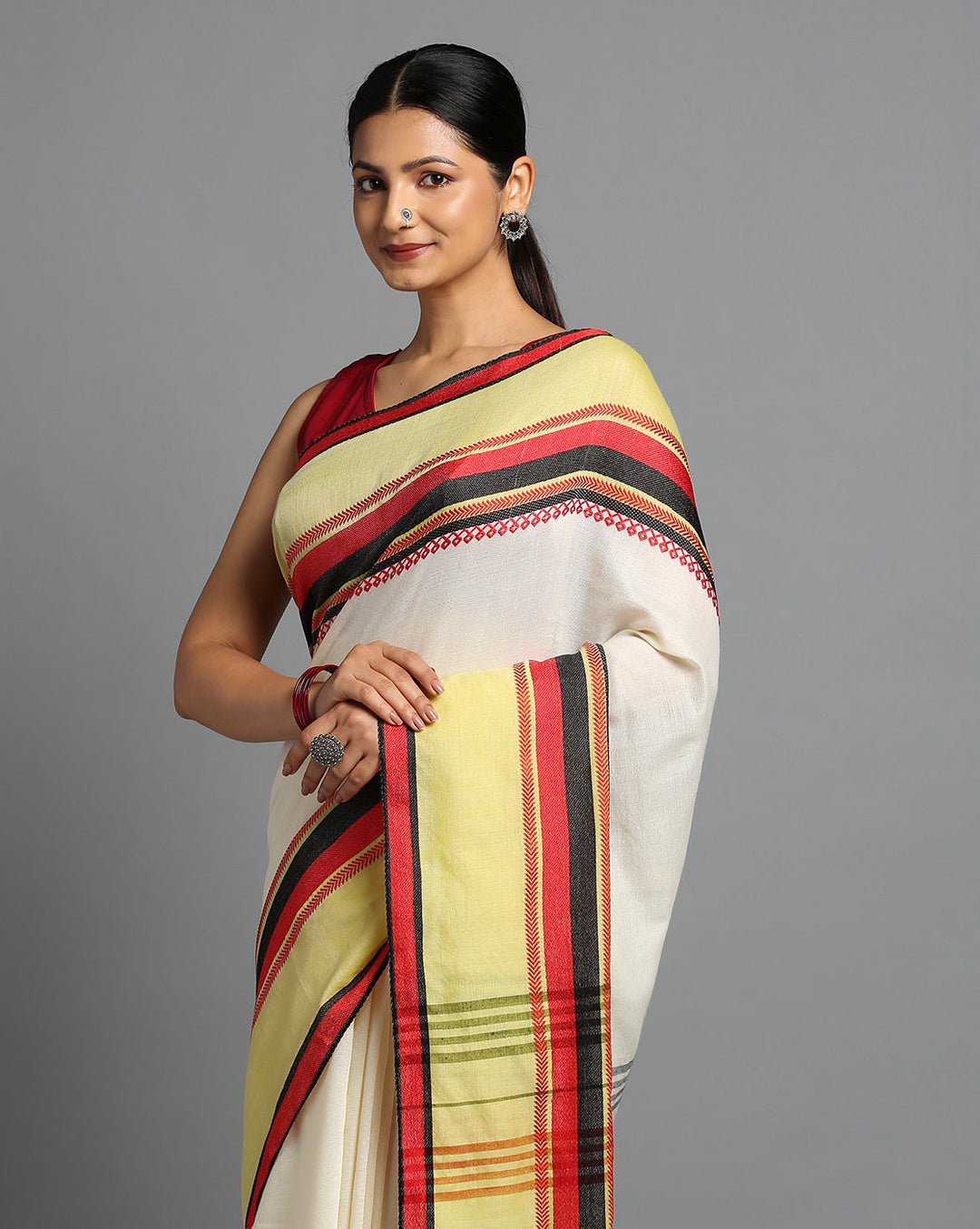 White Green Red Cotton Saree with Blouse piece