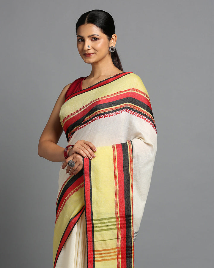 White Green Red Cotton Saree with Blouse piece