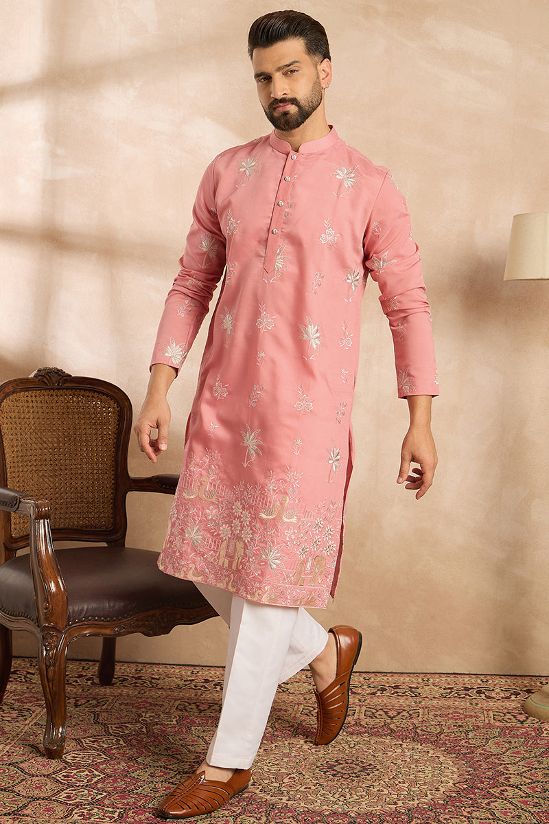Pink Cotton Solid Embroidered Straight Kurta | SHOBITAM