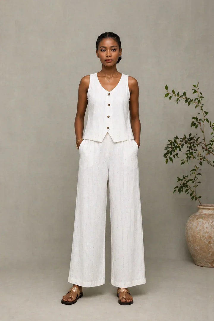 Ivory Cotton Co-ord Set with Button-Down Top & Wide-Leg Pants | SHOBITAM