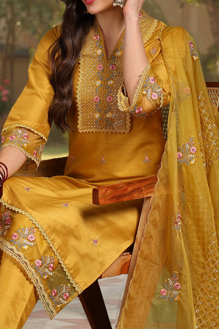 Mustard Yellow Silk Blend Floral Embroidered Straight Suit Set | SHOBITAM