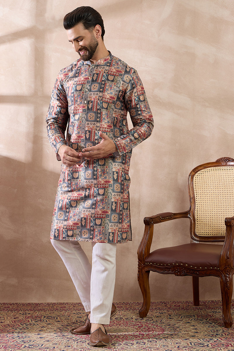 Multi Silk Blend Printed Mandarin Collar Straight Kurta With Trouser | SHOBITAM